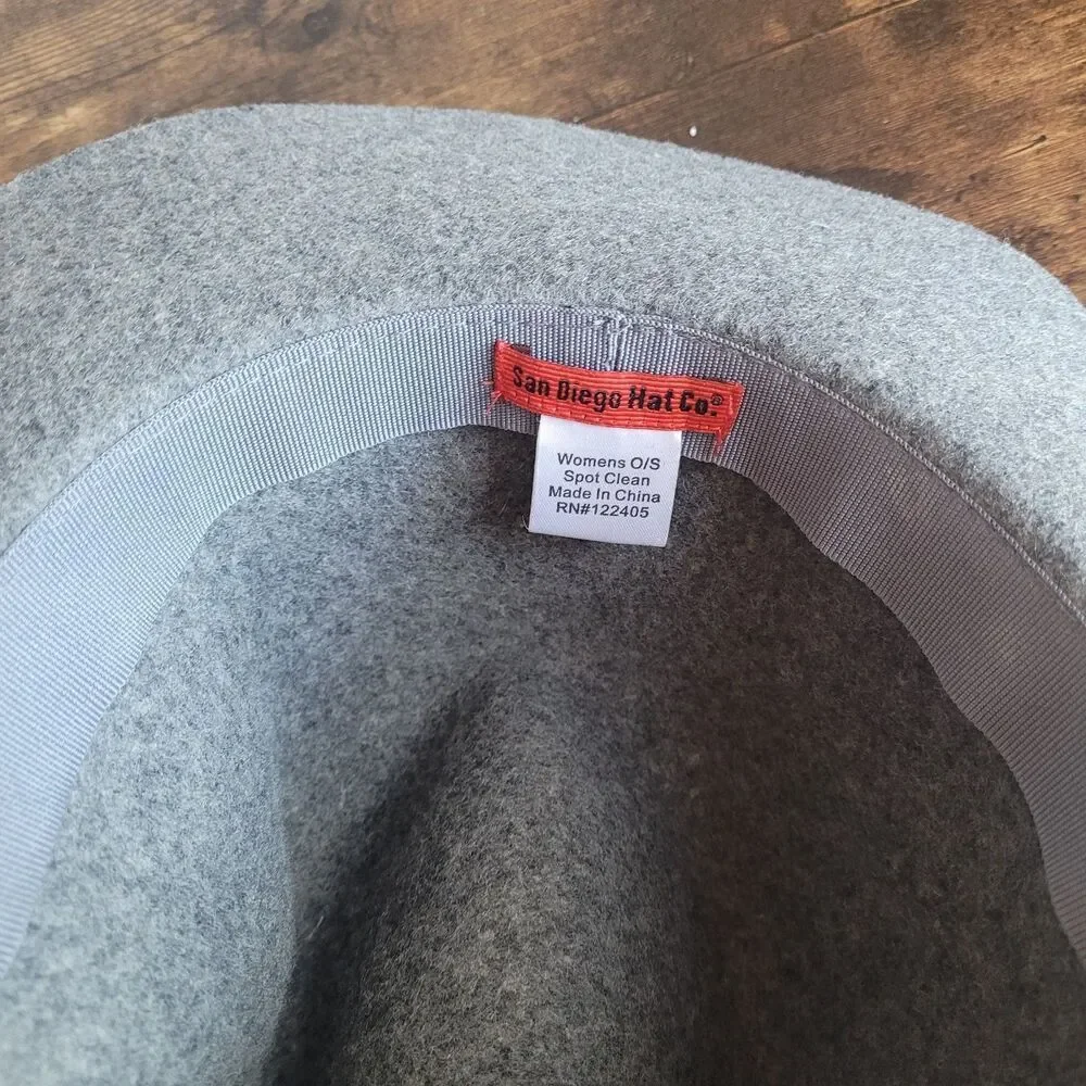 San Diego Hat Company Womans Fedora Wide Brim Gray Wool Brown Leather Trim Band